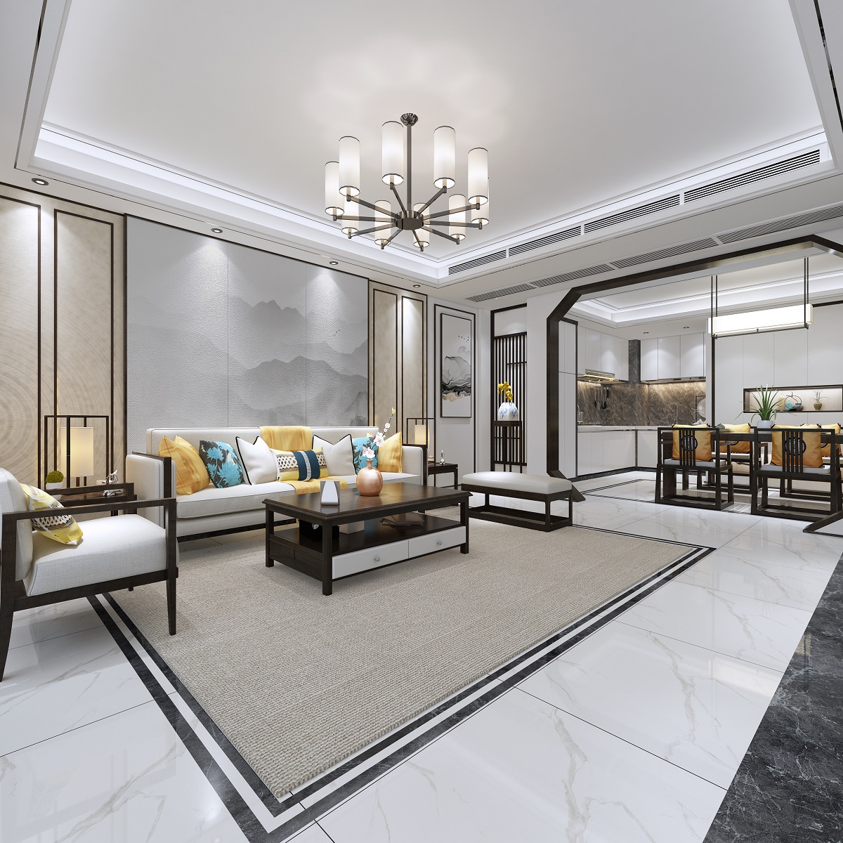 佛山市順德華潤置地廣場新中式風格三居室裝修案例